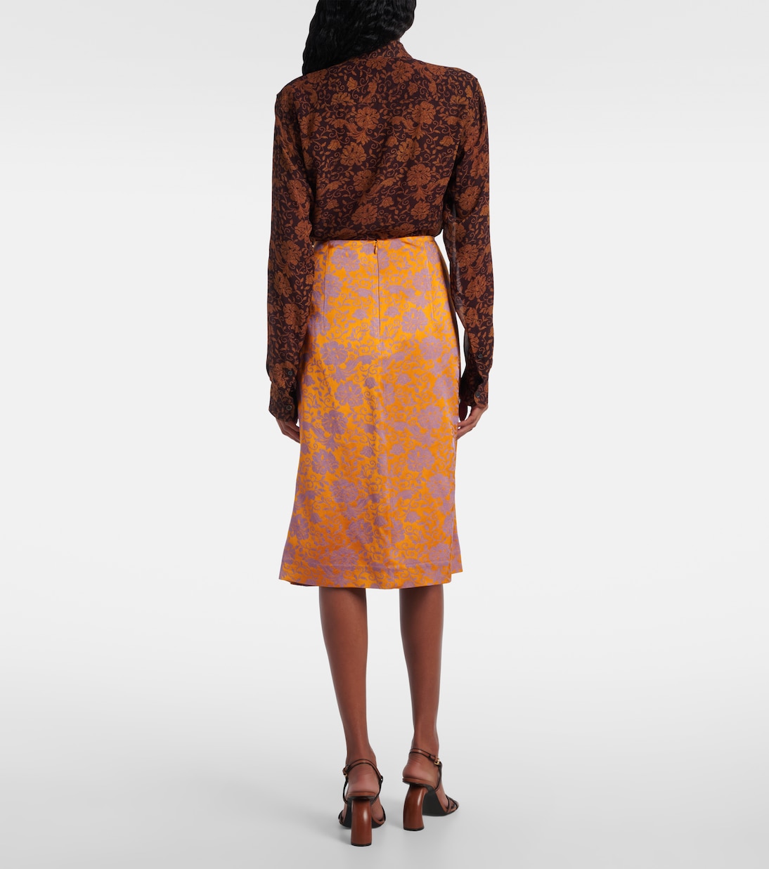 Юбка миди из атласного жаккарда с цветочным принтом Dries Van Noten, Mandarin — фото 3