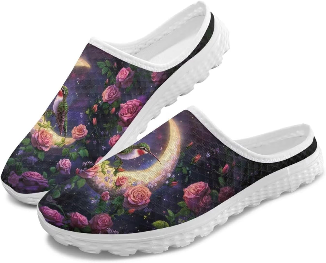 

Полуботинки-тапочки, повседневные спортивные туфли без шнурков, прогулочные мюли с противоскользящей подошвой для дома и улицы, женские Tomeusey, Hummingbird Moon Floral