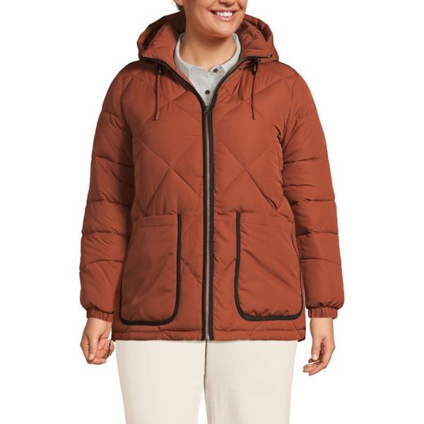 

Утепленная стеганая куртка с капюшоном без перьев Plus Lands' End, цвет dark auburn brown