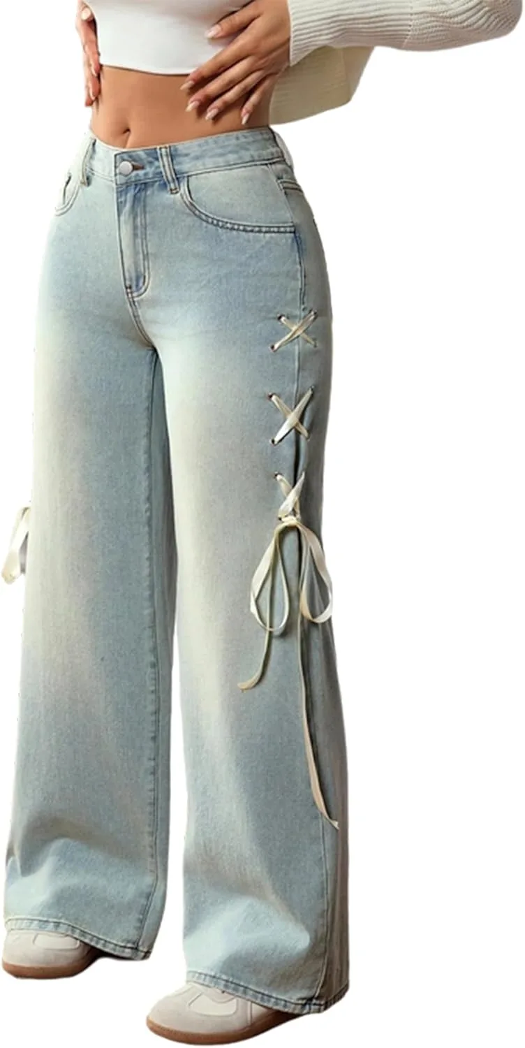 

Женские джинсы Washed Distressed Wide-Leg с боковой завязкой cffvdiz