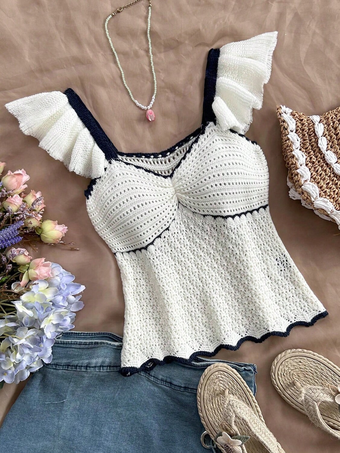 

SHEIN WYWH вязаный отпускной топ без рукавов с рюшами, синий и белый