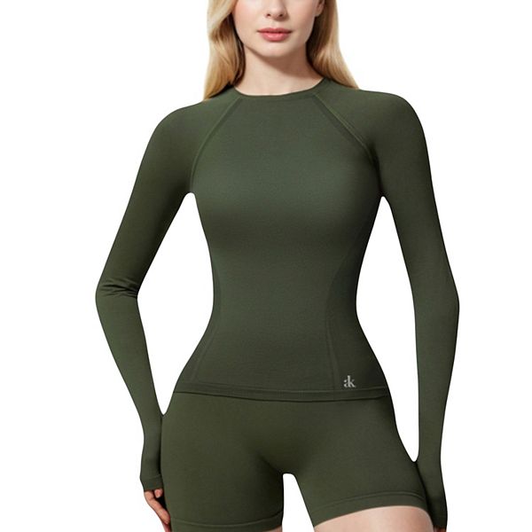 

Женский топ с длинными рукавами и воротником-гольф, с отверстиями для большого пальца и декоративными швами Anna-Kaci, Olive Green