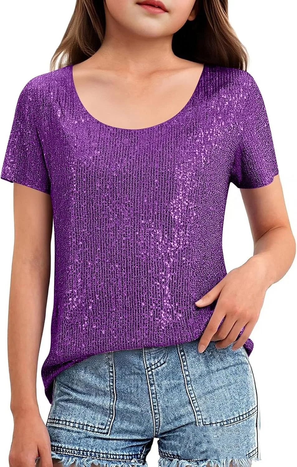 Футболка для девочек с пайетками, бренд Generic, Purple
