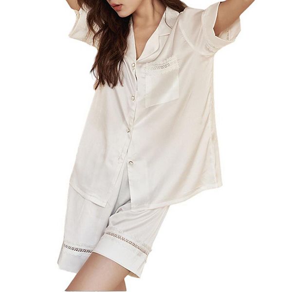 

Женский комплект пижамы из сатина с кружевной отделкой, топ с короткими рукавами на пуговицах и шорты на резинке Anna-Kaci, White