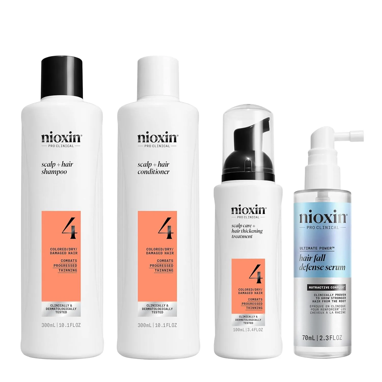 Набор Nioxin Scalp + Hair Thickening System 4 для окрашенных, сухих и поврежденных волос с прогрессирующим истончением: очищение, кондиционирование и уход + сыворотка Fall Defense Intensive Daily Leave-In Treatment