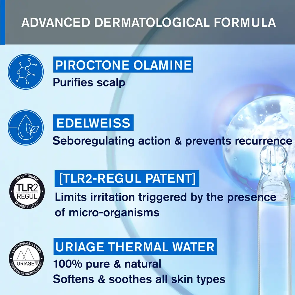 Шампунь Ds hair champú regulador diario con eucalipto - gel espumoso suave, fresco y con flora Uriage, 200 мл. — фото 3