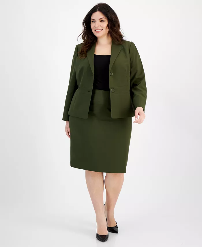 

Женский жакет без воротника из крепа и облегающая юбка-карандаш Plus Size Le Suit, зеленый