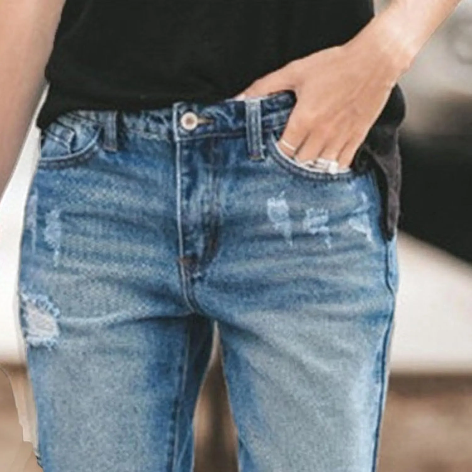 Женские рваные джинсы Business Casual, свободный крой, эластичные, высокая талия, прямые — фото 4