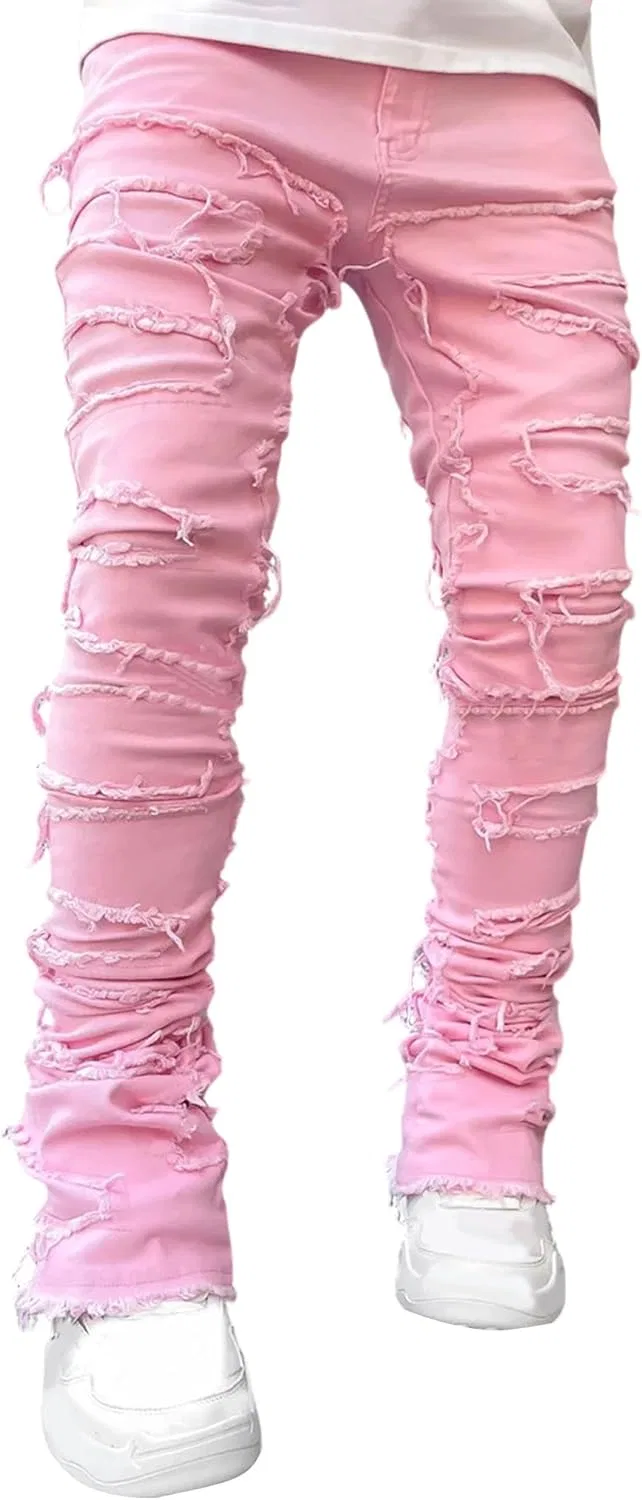 Джинсы зауженные рваные Y2k, Pink