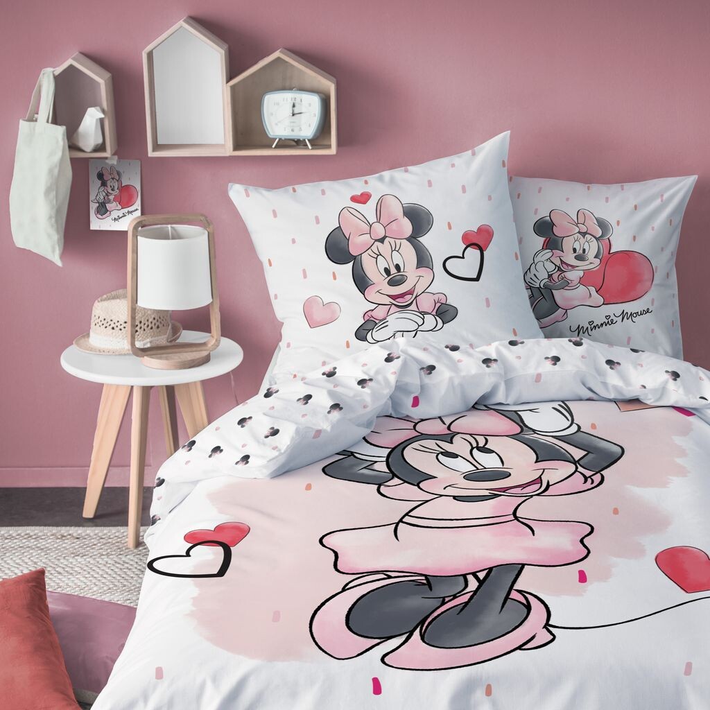 

Постельное белье Minnie Mouse 135x200 + 80x80 см 2 шт., 100% хлопок Renforce, сладкий Disney Minnie Mouse, постельное белье для девочек с множеством сердечек в розовом/нежно-розовом, белом и красном цветах, Красный, Постельное белье Minnie Mouse 135x200 +
