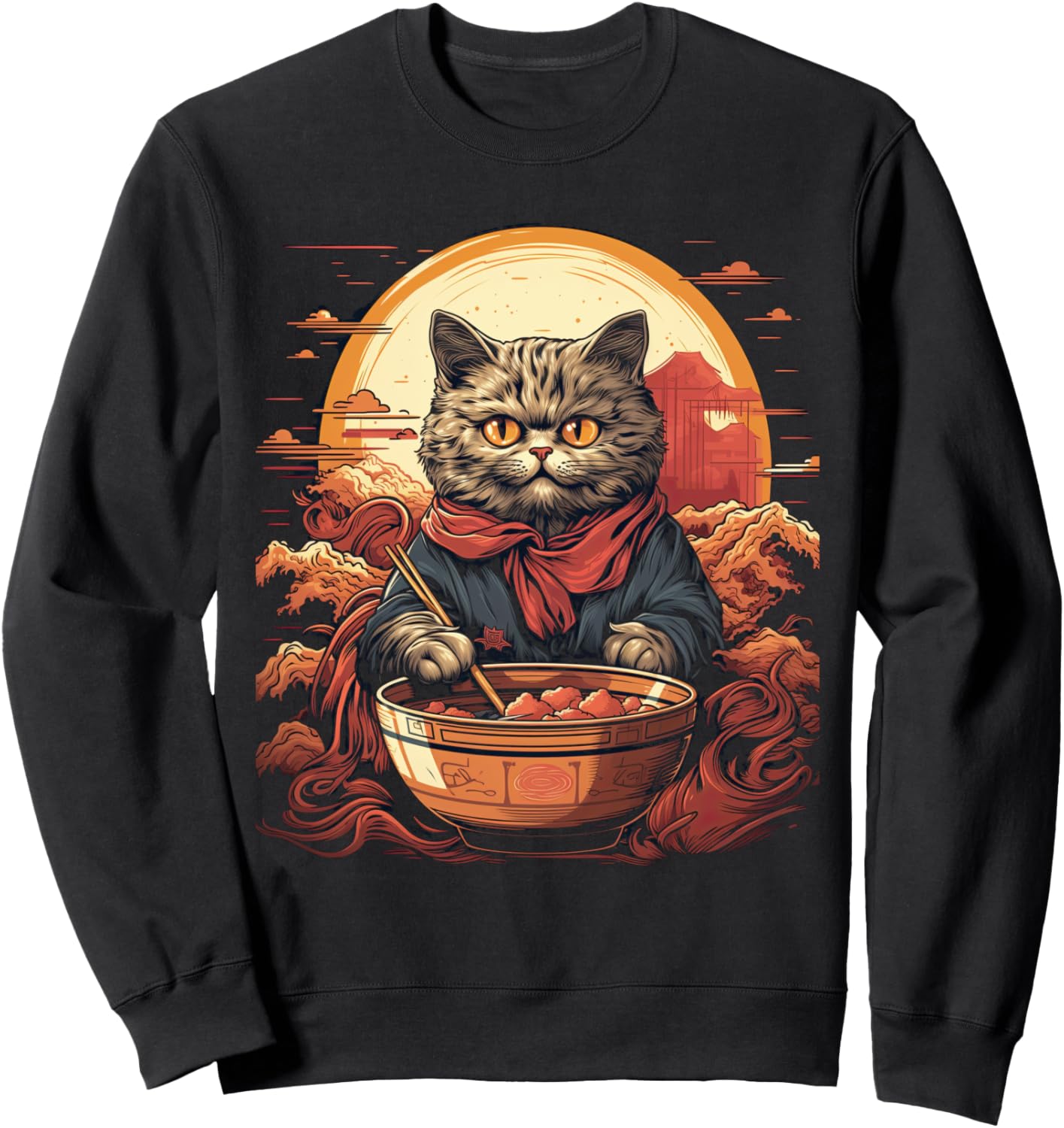 

Толстовка с изображением кота, рамена и лапши быстрого приготовления в японском аниме «Риверсайд» Japanese Ramen Eating Animal Design, черный