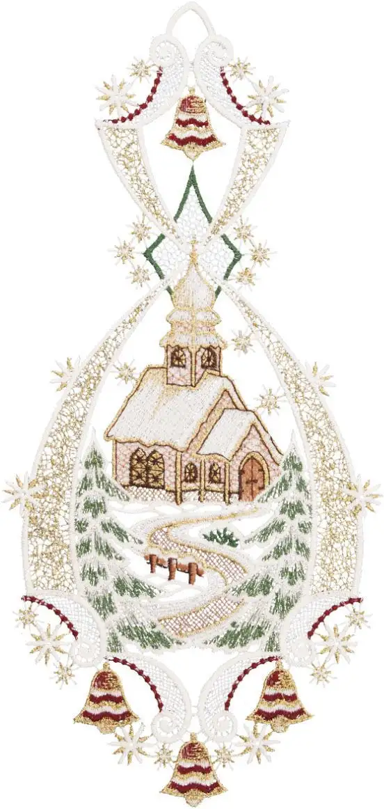 

W. Reuter & Sohn - Картина на окно Plauener Spitze "Пейзажная церковь", Сделано в Германии W. Reuter & Sohn - Plauener Spitze 17х36 см, коричневый/золотой/красный