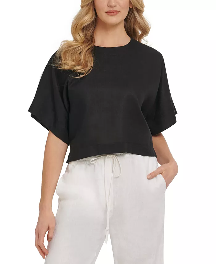 

Льняная блуза с рукавом реглан и коротким рукавом DKNY, черный