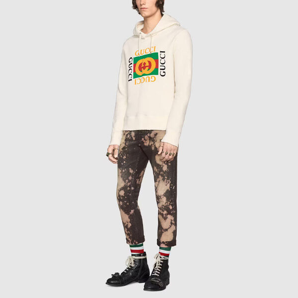 Толстовка Gucci Vintage Double Ring Logo Printed Hooded Drawstring Sweatshirt, мужская, белый — фото 2