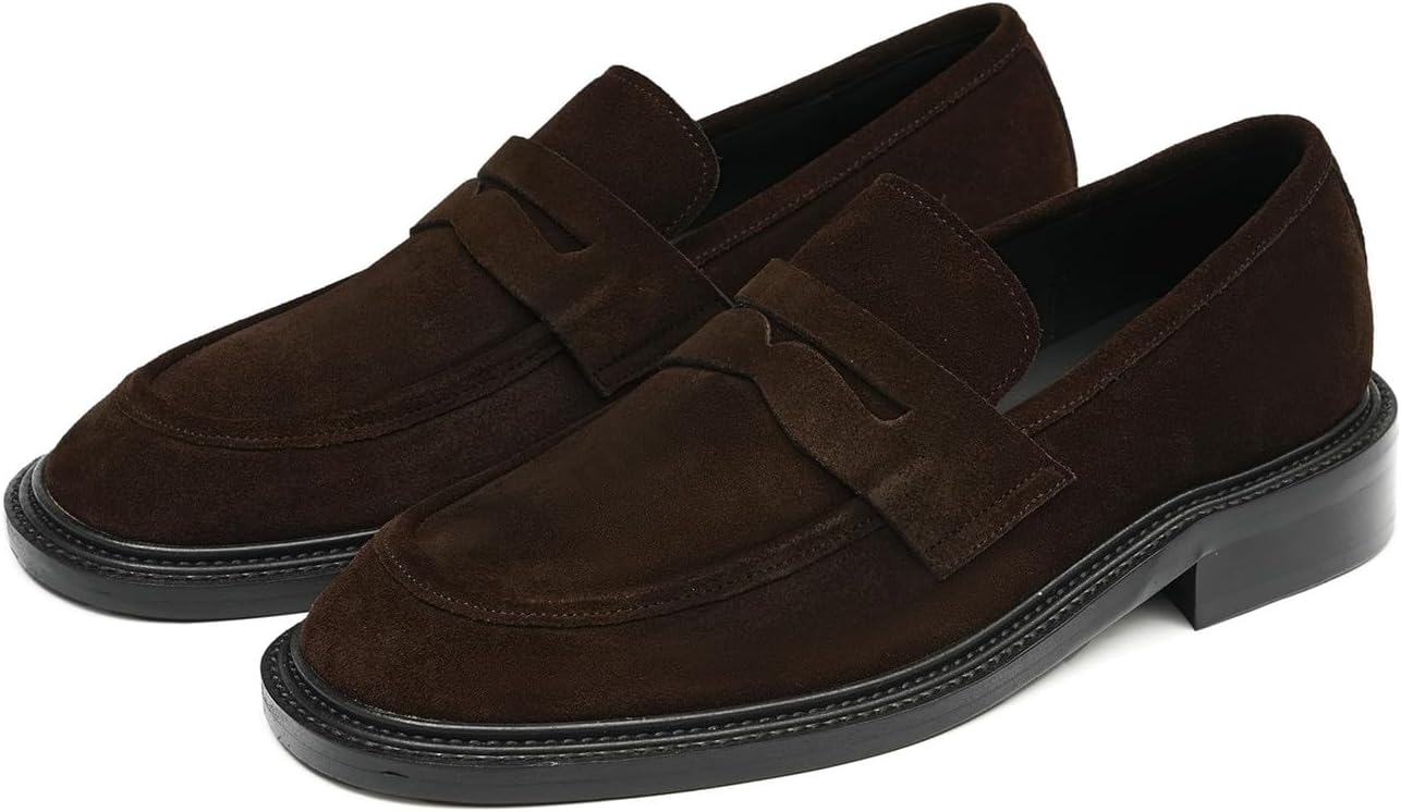 

Мужские замшевые лоферы Santimon с отделкой пенни - кожаный верх, противоскользящая резиновая подошва, деловая обувь повседневного стиля для офиса, свадьбы и повседневной носки, Coffee