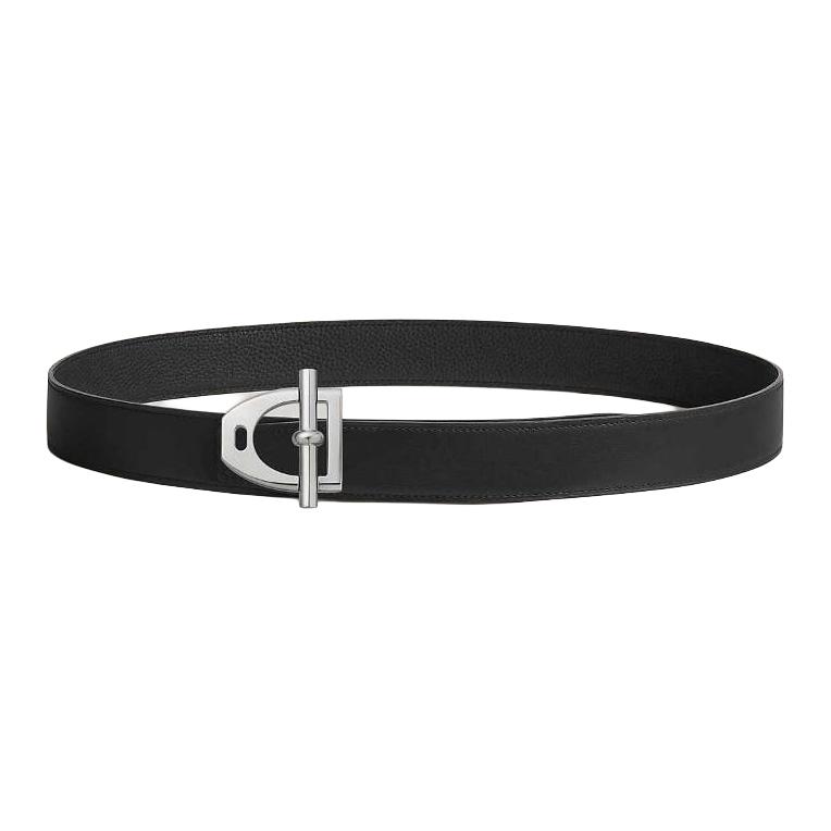 HERMES Мужской черный кожаный ремень с палладиевым покрытием шириной 3,8 см, Black — фото 3