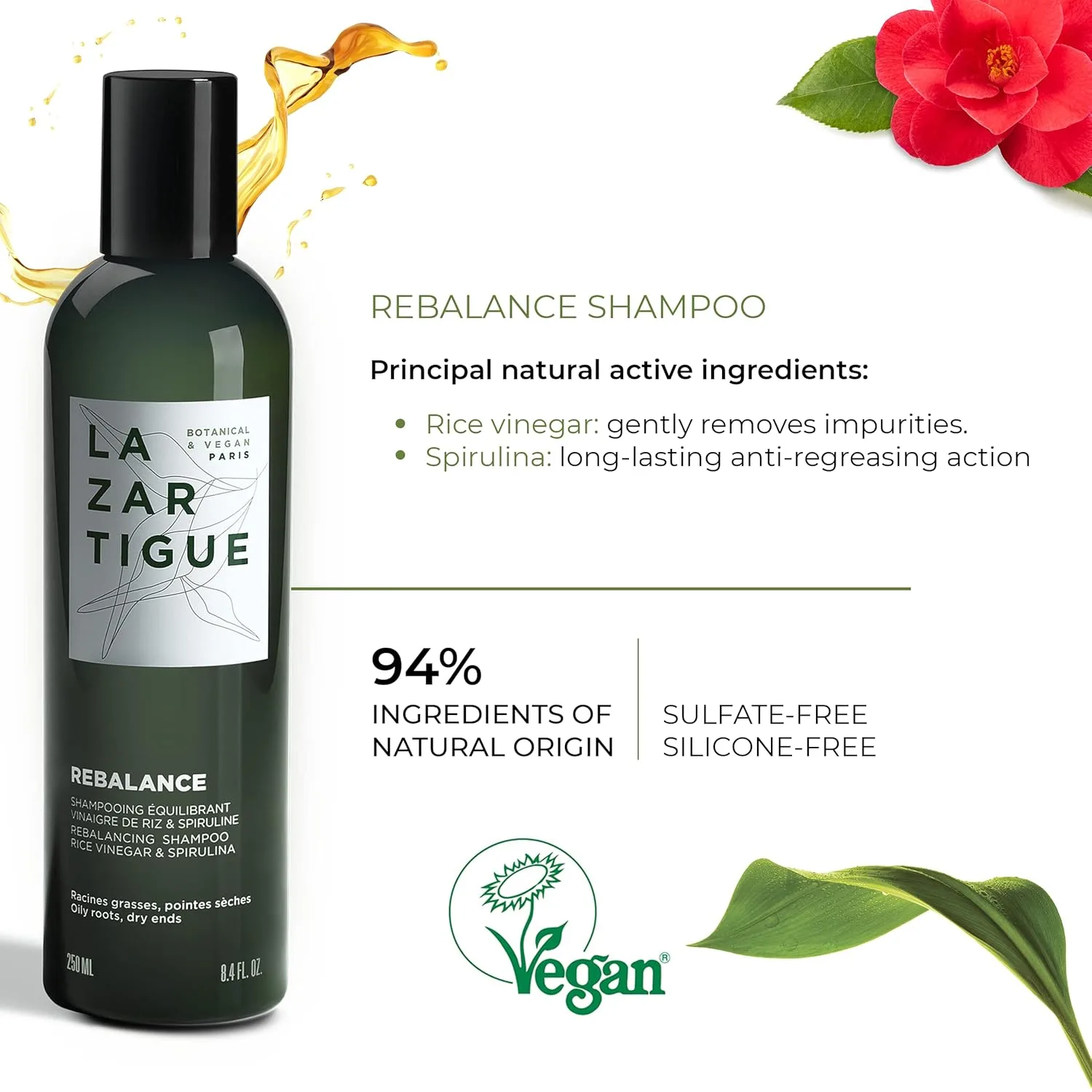 Шампунь Lazartigue Rebalance с рисовым уксусом и спирулиной очищает жирные корни волос и балансирует увлажнение, веганский продукт, не содержит сульфатов и силиконов, 240 мл., orange — фото 4