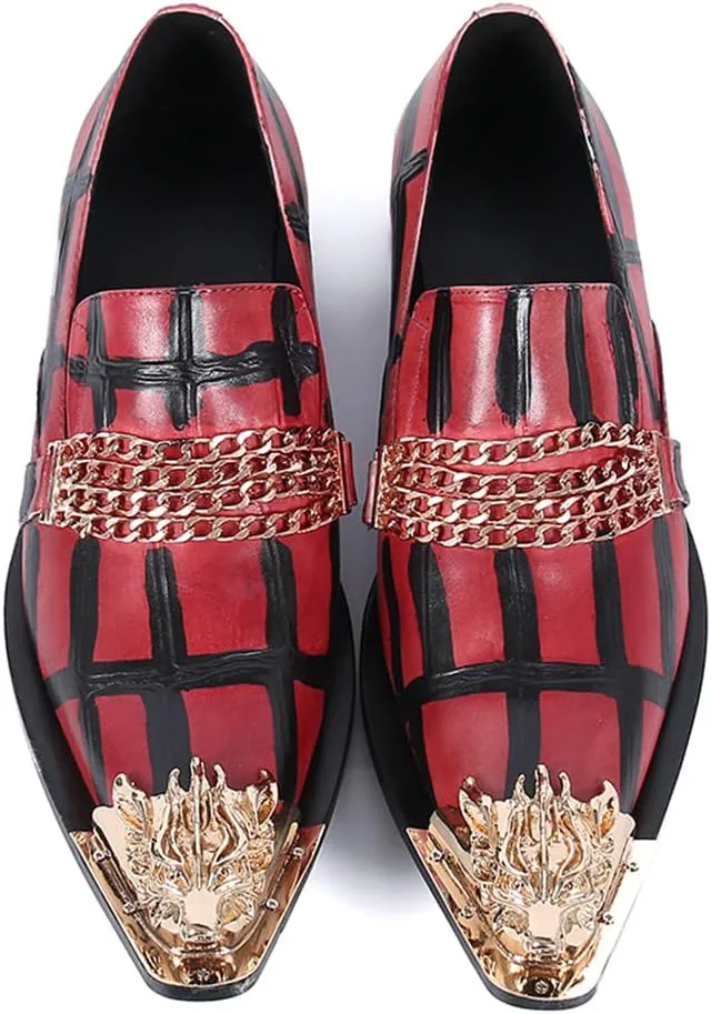 

Мужские лоферы Santimon, из натуральной кожи с графическим принтом, золотой цепочкой и пряжкой, малиновые