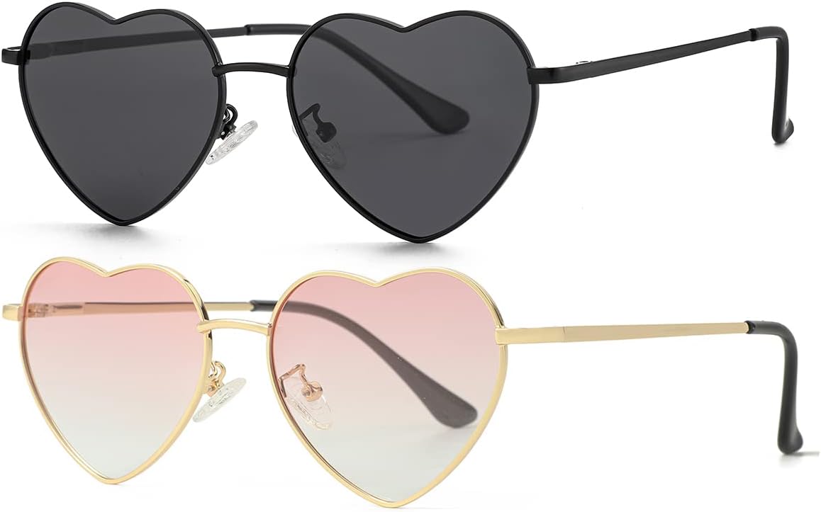 

Женские поляризованные солнцезащитные очки JOVAKIT в форме сердца, модный стиль, металлическая оправа, линзы с защитой от УФ-излучения UV400, Two Pack: Black/Grey + Gold/Gradient Pink