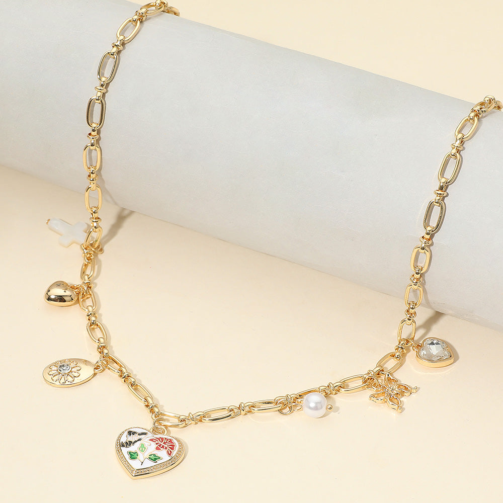 

Ожерелье с подвеской в ​​виде сердца с эмалевым узором в виде бабочки и цветка Fashnzfab, золотой/белый