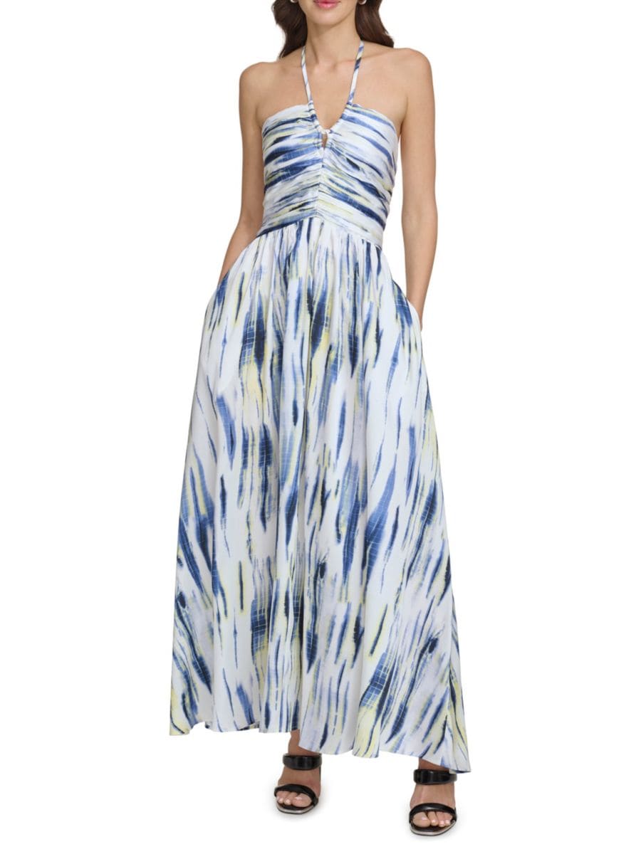 

Платье макси с принтом и рюшами на шее DKNY, цвет White Inkblue