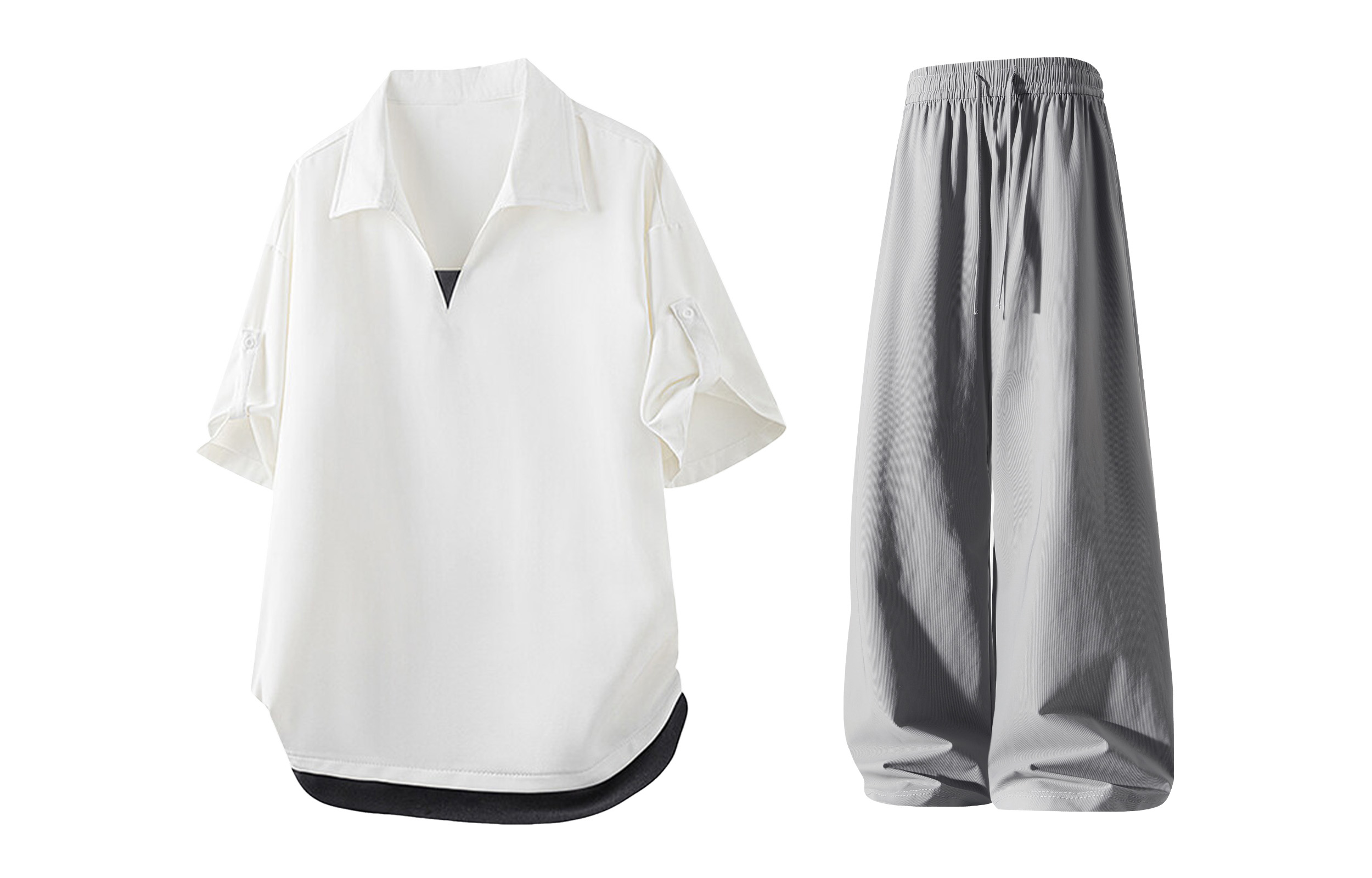 

Повседневная спортивная одежда Unisex V-образный вырез тонкая X1617, белый t-shirt+темно-серый ice silk pants