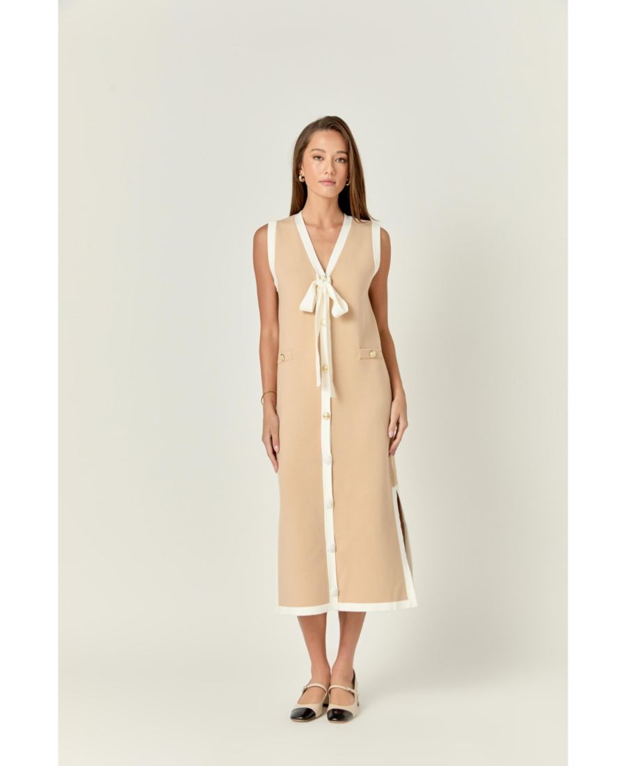 

Женское вязаное платье миди с завязками из ленты English Factory, Beige/white