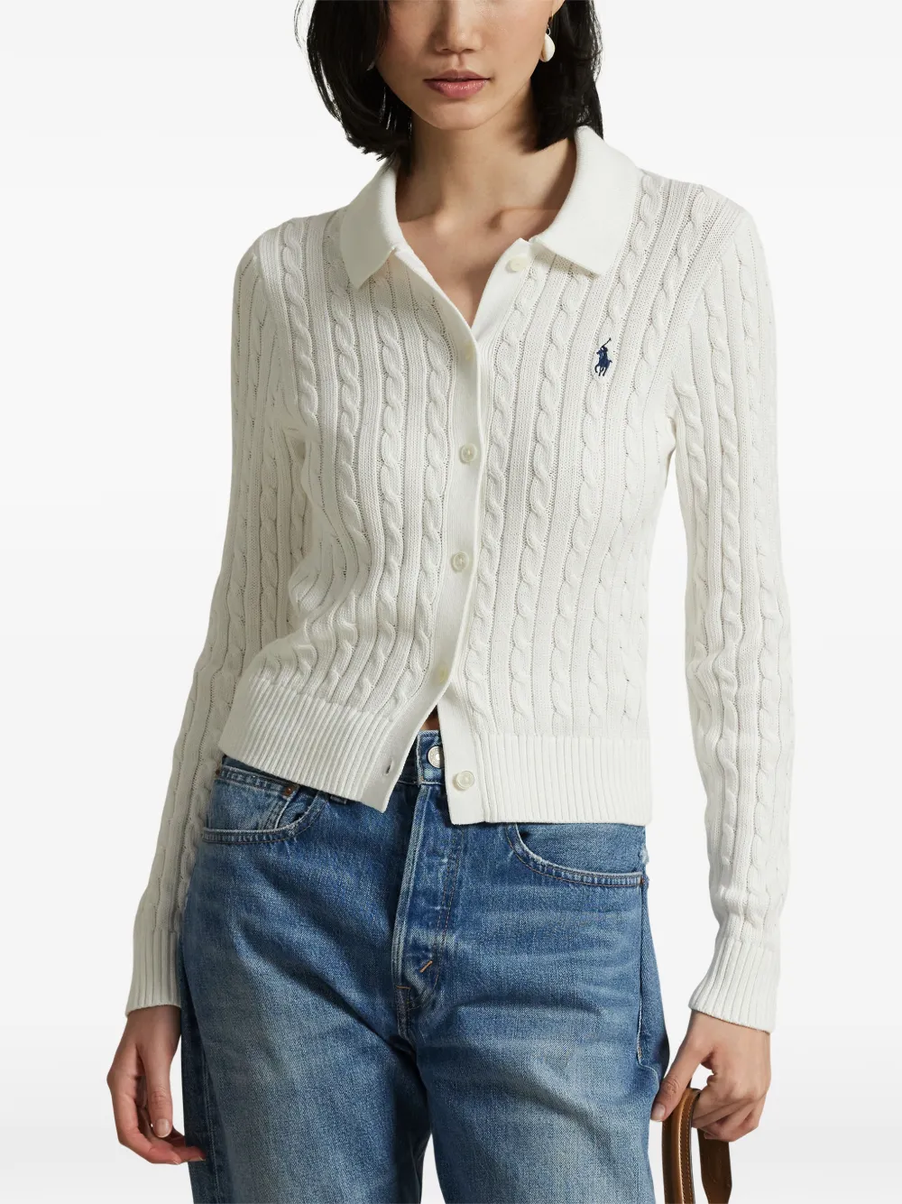 Кардиган с воротником и косичками Polo Ralph Lauren, белый — фото 3
