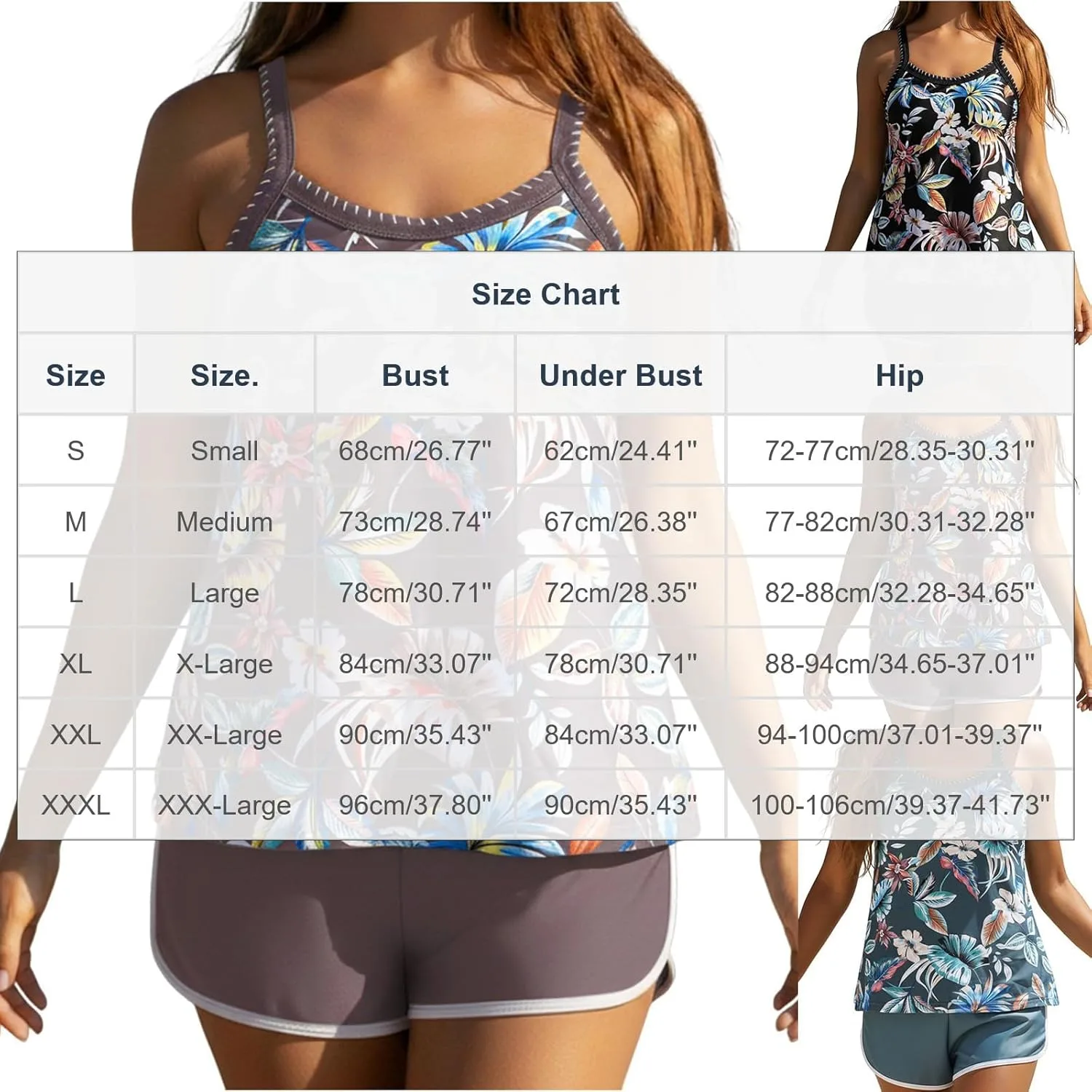 Женский купальник-танкини Plus Size 2 Piece с шортами-бойфрендами, цветочный принт, спортивный топ-блузон для пляжного отдыха Generic, черный — фото 4
