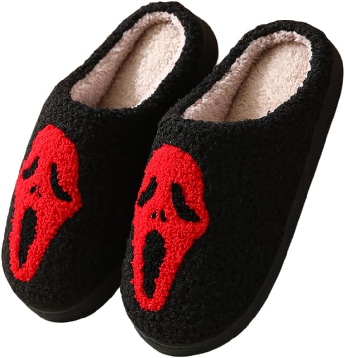 

Домашние плюшевые тапочки с черепом на Хэллоуин для мужчин и женщин, с мягкой подошвой и противоскользящей основой, уютные теплые тапочки с лицом призрака Fswinder, красный