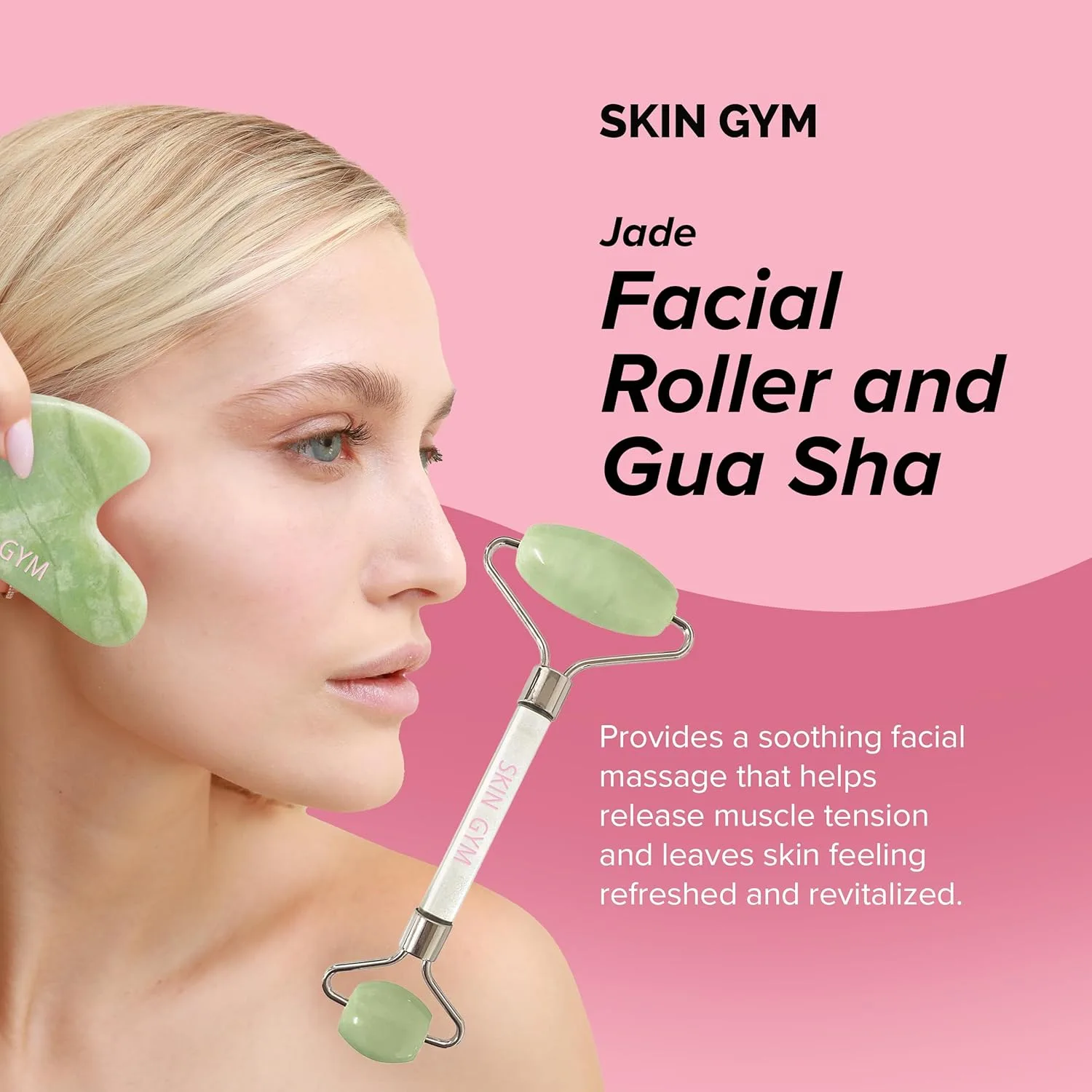 Набор для тренировок Skin Gym: нефритовый ролик для лица и инструмент гуаша, восстанавливающий уход за кожей для придания ей сияния и гладкости., Jade — фото 2