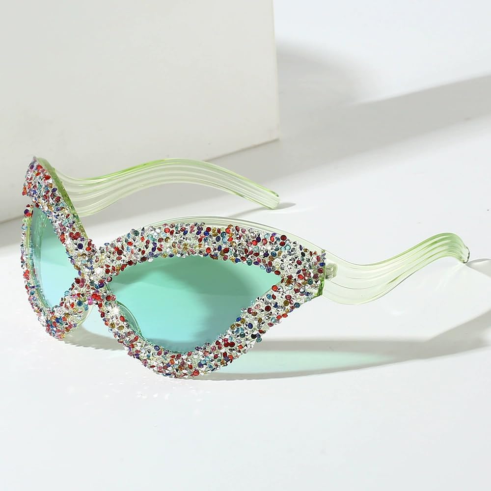 

Женские солнцезащитные очки «кошачий глаз» в модном стиле, украшенные стразами, большого размера, для вечеринок, фестивалей и отдыха на природе, с дизайном в виде губ bullabulling, Green