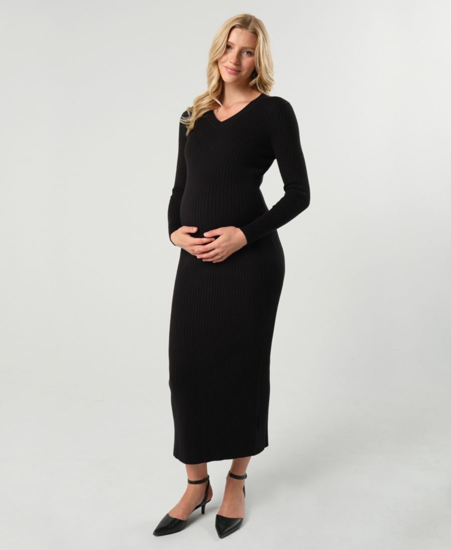 

Платье-свитер макси для беременных и кормящих мам с V-образным вырезом, из хлопкового трикотажа MARION, Black
