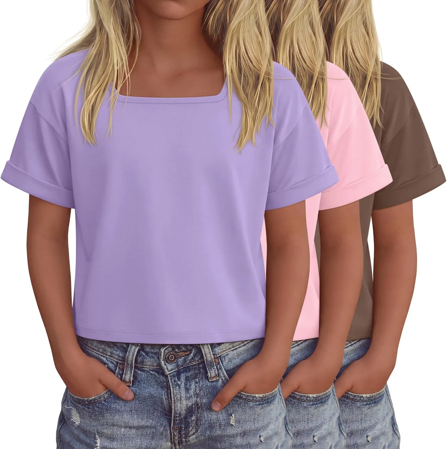 Комплект из 3 детских топов оверсайз с квадратным вырезом LessonZoo, Taro Purple, Light Pink, Mocha