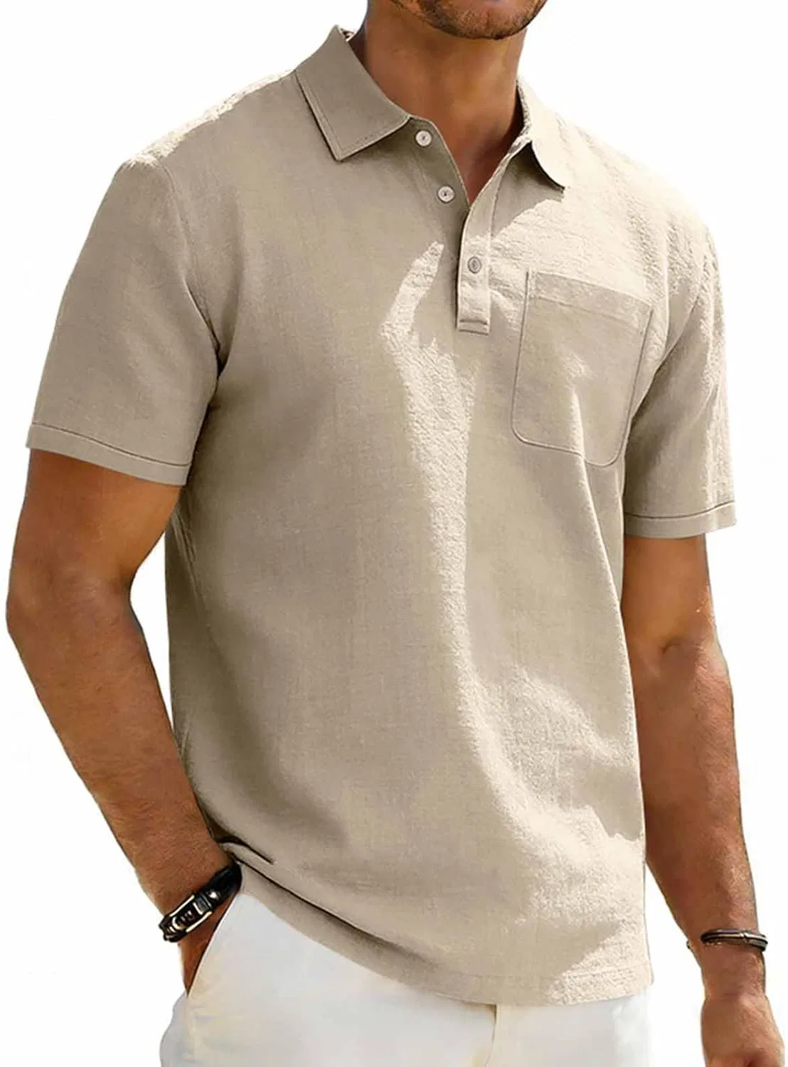Футболка мужская с воротником на пуговицах, Cotton Linen, Khaki — фото 2