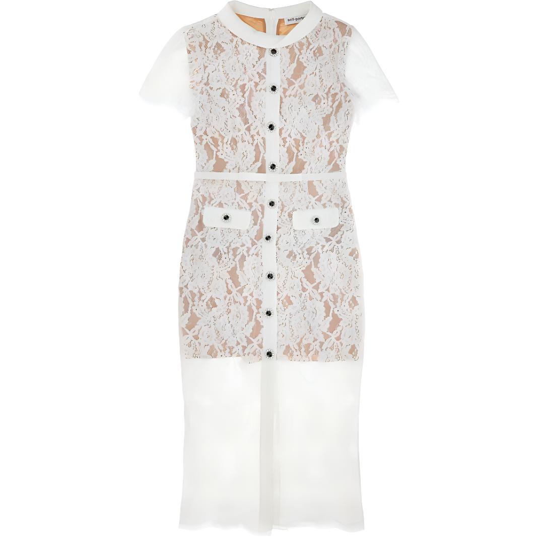 

Платье миди на пуговицах с кружевом Self-portrait, белый