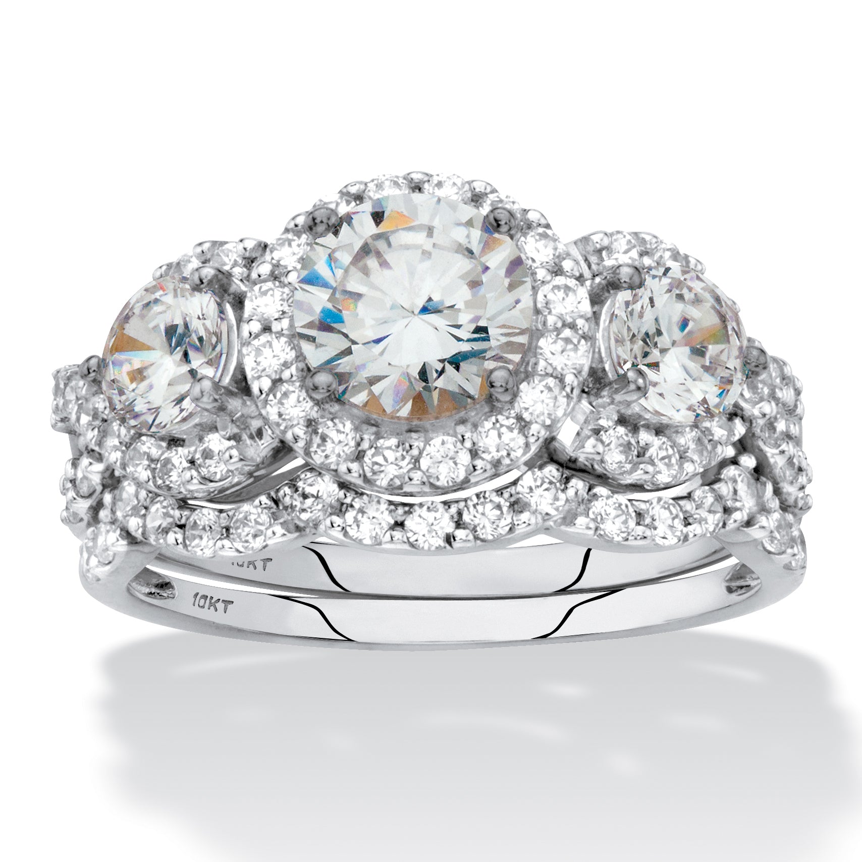 

Комплект из двух круглых обручальных колец Halo из 10-каратного белого золота с кубическим цирконием 2,70 карата Palm Beach Jewelry, белый