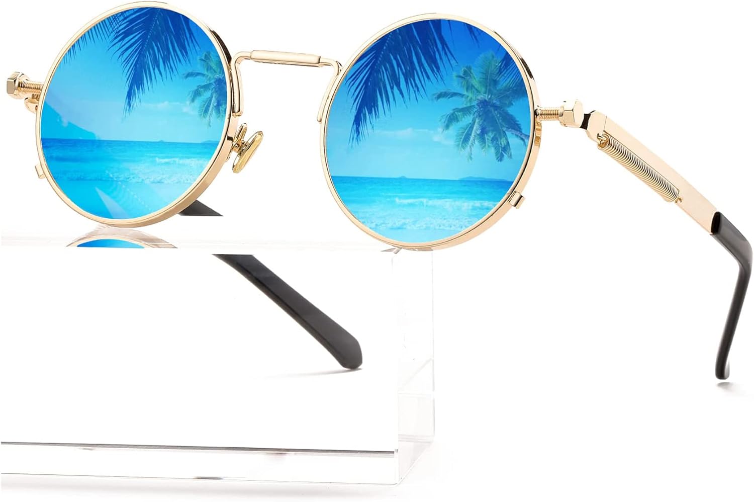 

Солнцезащитные очки AIEYEZO круглой формы в стиле стимпанк, модные ретро-очки в готической металлической оправе, линзы со 100% защитой от УФ-излучения, Gold/Ice Blue Mirror