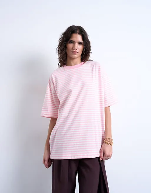 

Розовая объемная футболка с короткими плечами и полосками Topshop, Розовый, Розовая объемная футболка с короткими плечами и полосками Topshop