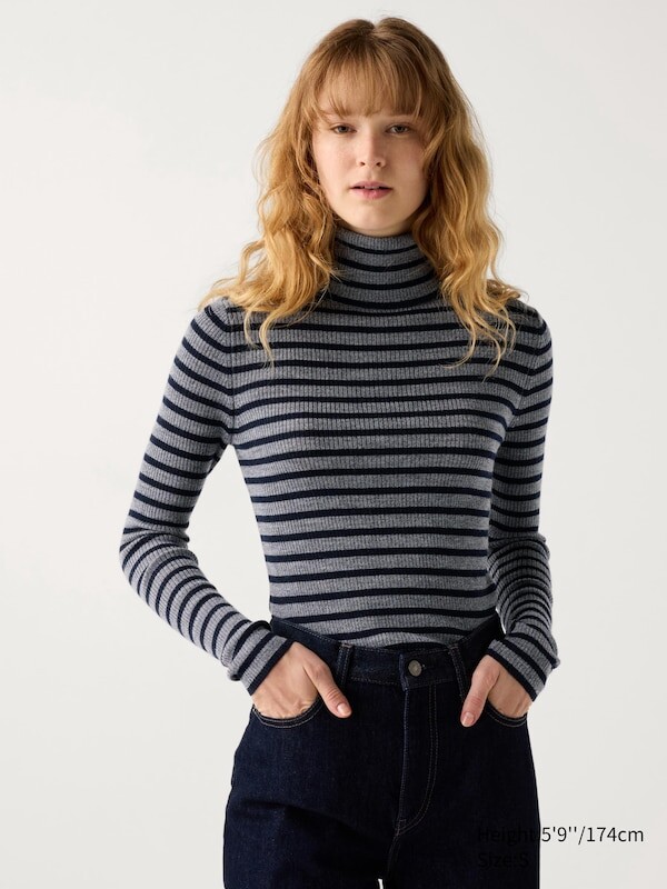 

Джемпер-Водолазка в рубчик из мериноса в полоску Uniqlo, серый
