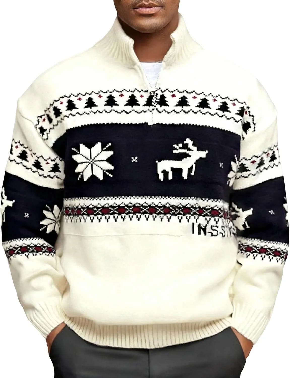 

Мужской рождественский свитер с воротником стойкой и молнией на четверть
