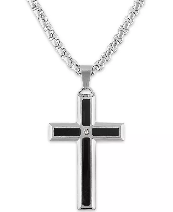 

Мужской кулон с черным эмалевым крестом и бриллиантами, 24 дюйма, из нержавеющей стали Macy'S, black/white