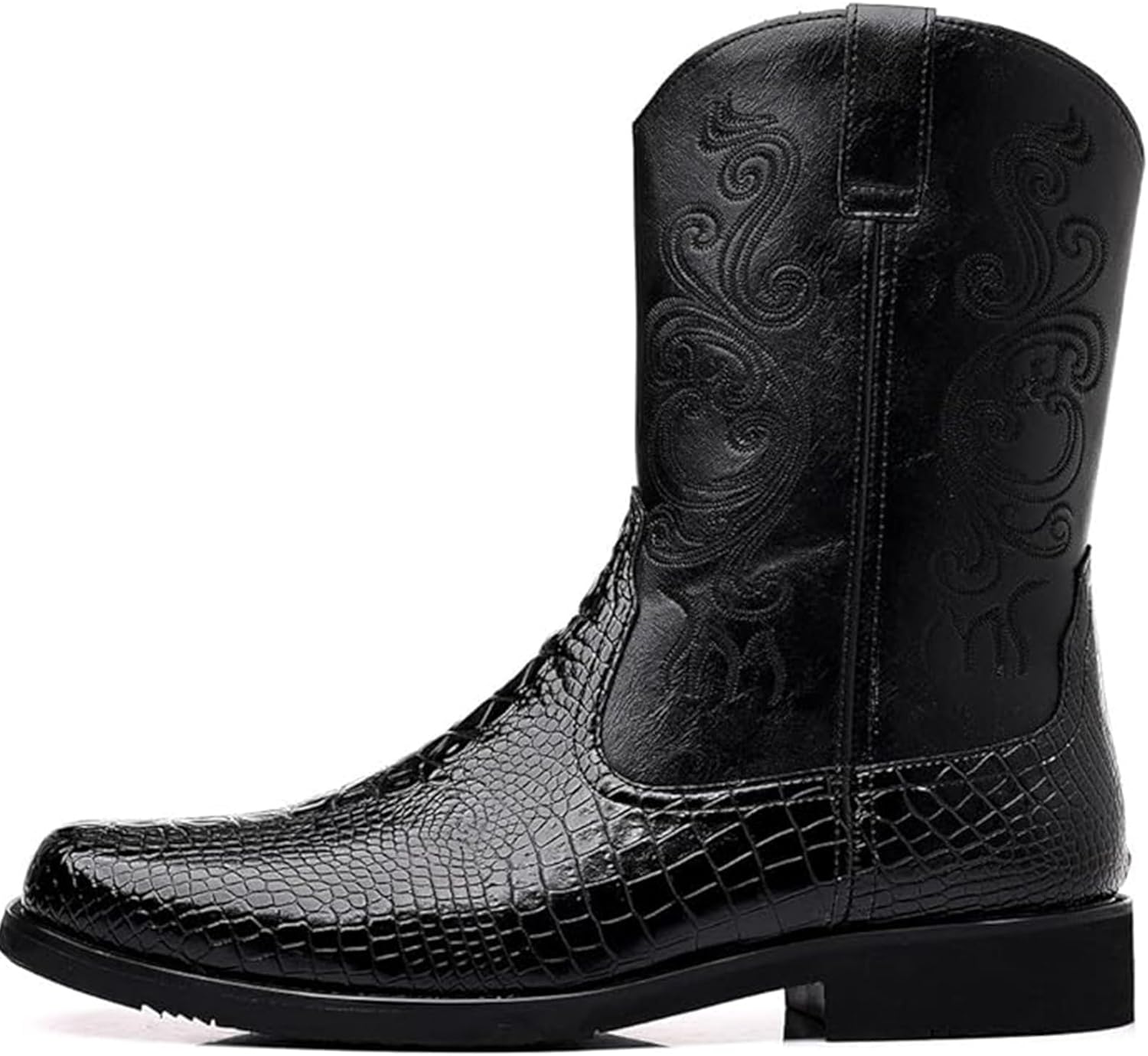 Мужские сапоги Crocodile Western с боковой молнией, средней высоты, квадратный носок, кожа Xinduoyu, черный — фото 2
