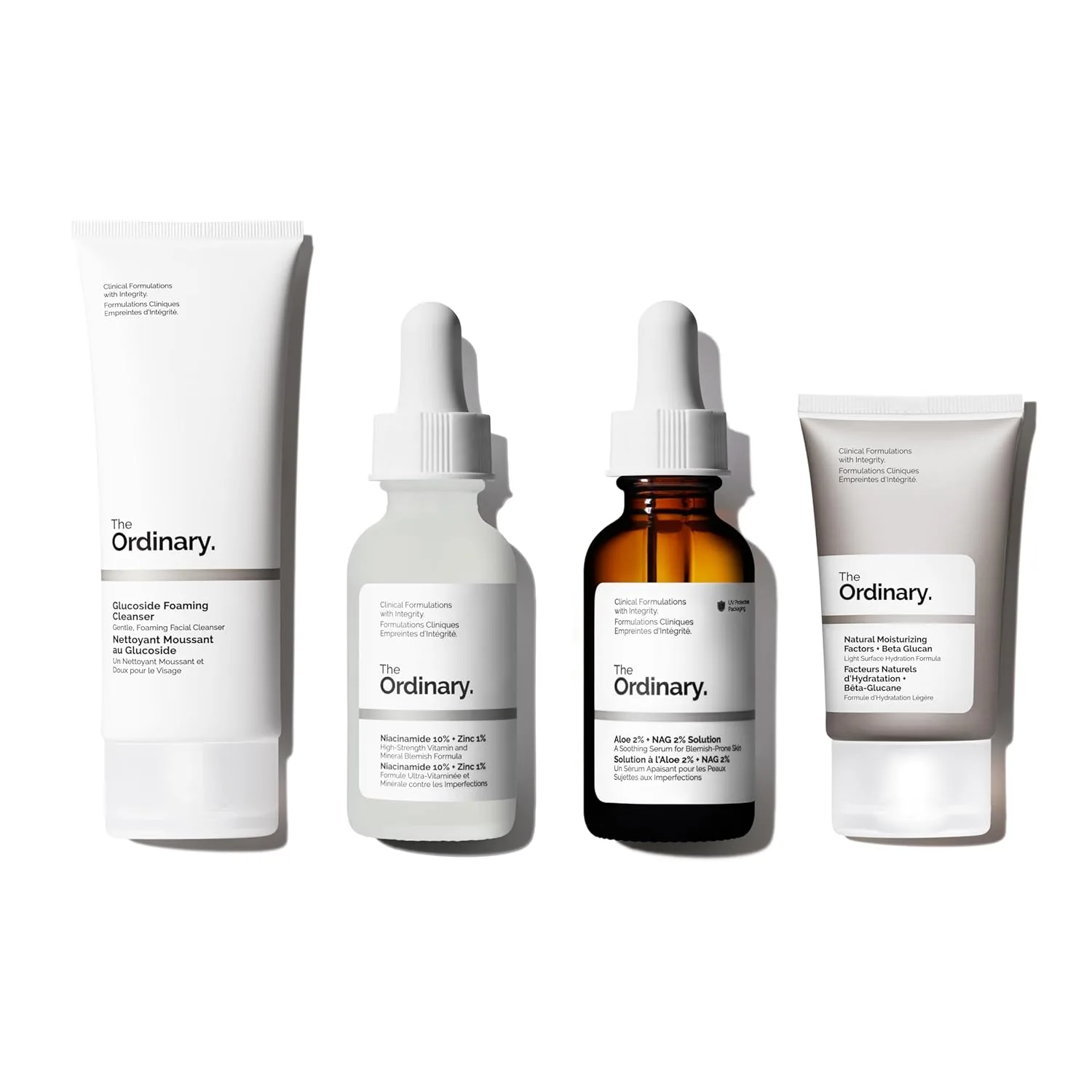 The Ordinary Sensitive Skin Collection, набор для ухода за проблемной кожей, очищающая пенка Glucoside, раствор Aloe 2% + NAG 2%, Niacinamide 10% + Zinc 1%, Natural Moisturizing Factors+Beta Glucan