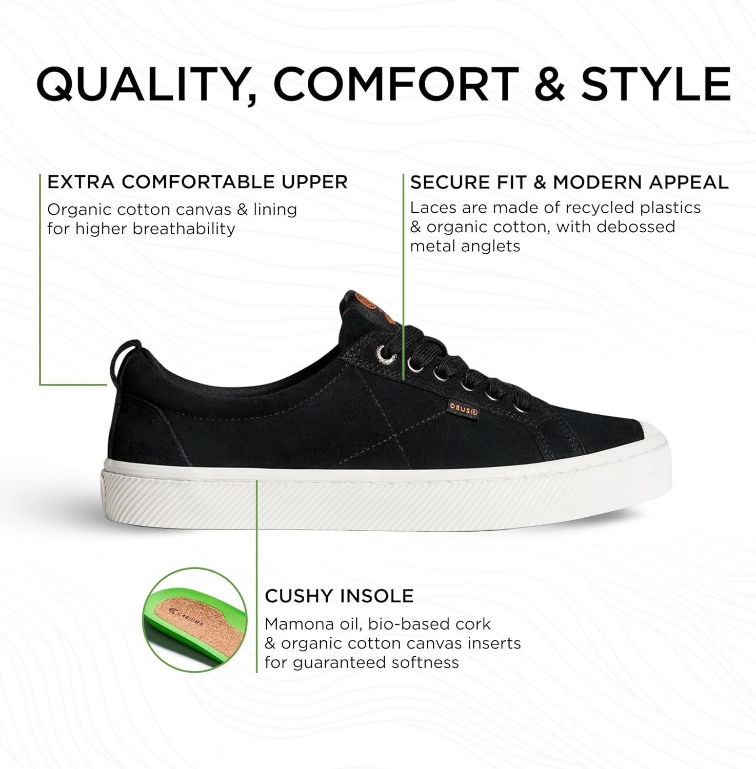 Кроссовки Cariuma OCA Low из замши, удобная обувь для мужчин, легкие и экологичные, повседневные туфли с 100 веганскими стельками, резиновая подошва, черный — фото 2