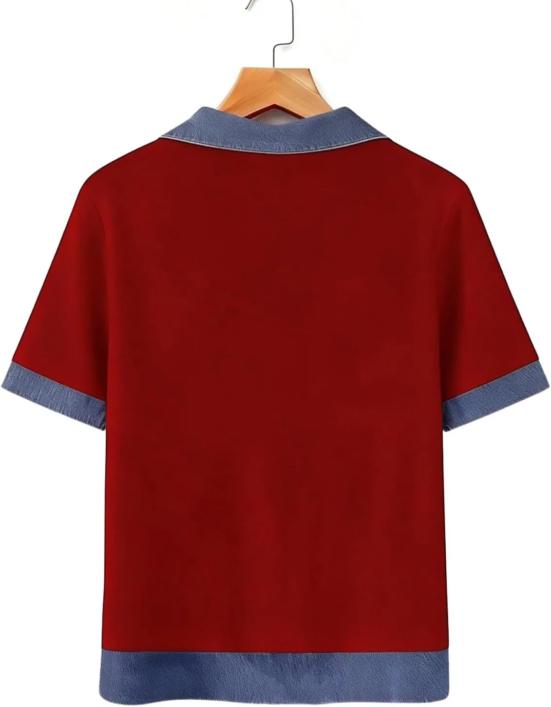Женская блуза с воротником, джинсовая отделка, короткий рукав, Slim Fit, N003- Deep Red — фото 4