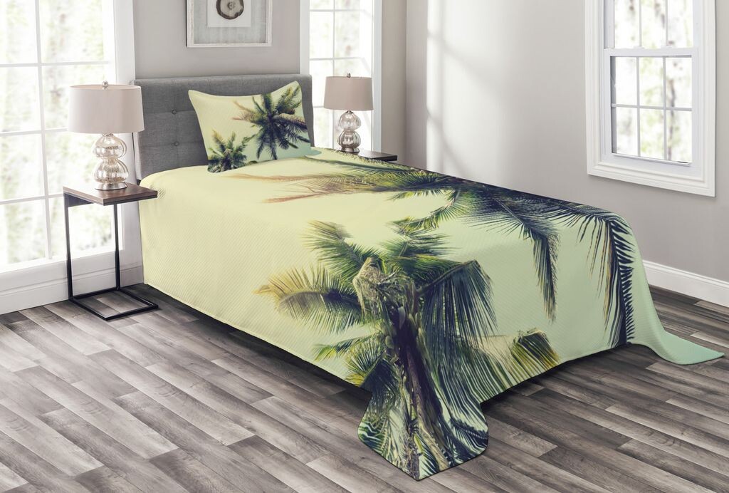 

Комплект покрывала ABAKUHAUS Palm Tree, Карибский прибрежный морской пейзаж, комплект с моющимися наволочками, для односпальных кроватей 170 x 220 см, Бледно-желтый, зеленый, коричневый