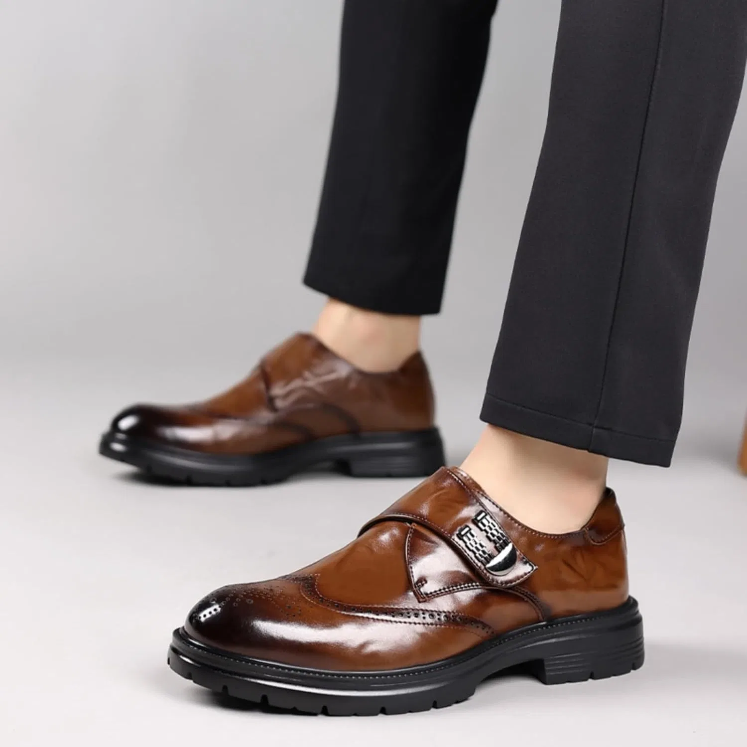 Лоферы кожаные на платформе Men's Leather Platform Slip-on Penny Loafers, коричневый Aokisx — фото 2