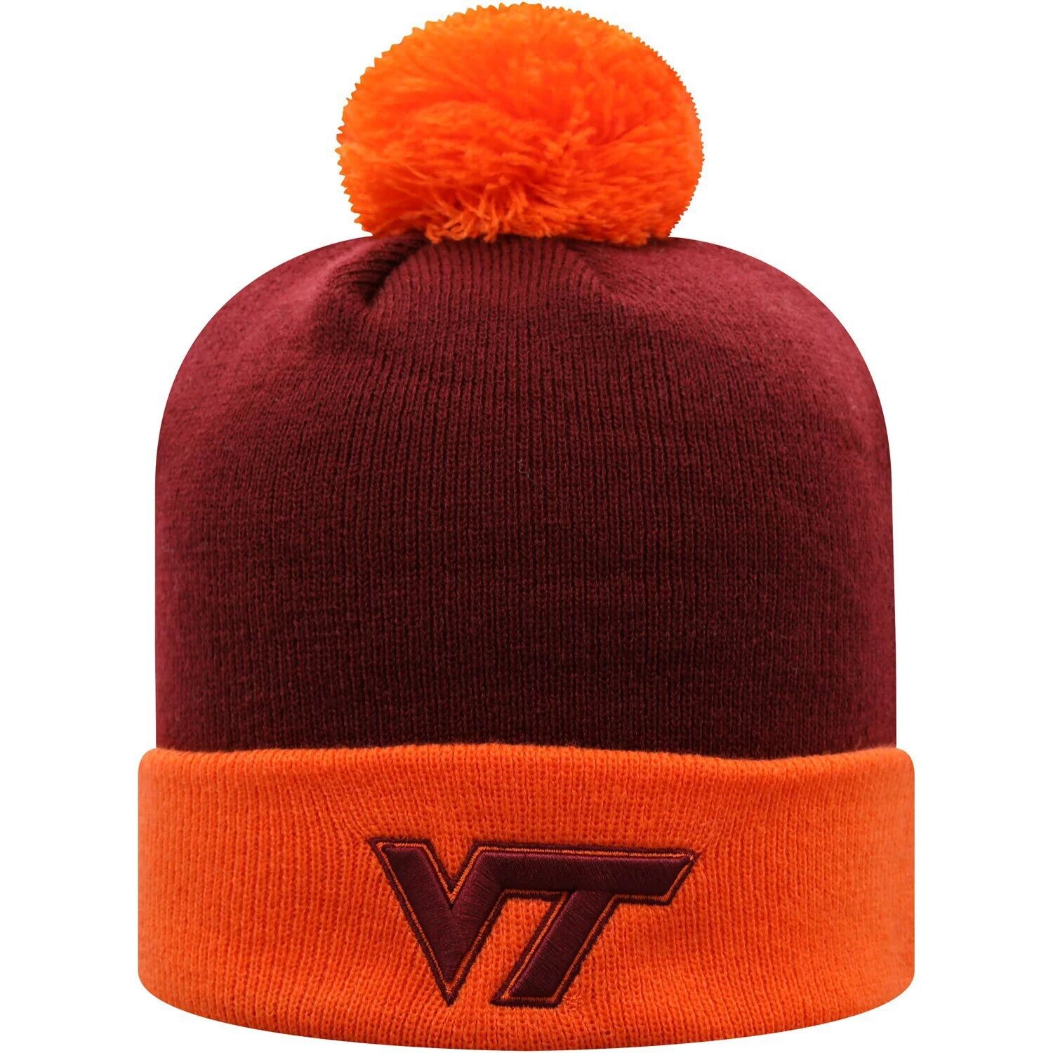 

Мужская двухцветная вязаная шапка с манжетами и помпоном Top of the World Maroon/Orange Virginia Tech Hokies Core