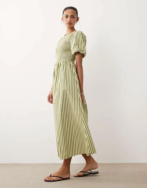 

Зеленое платье миди в полоску с присборками New Look